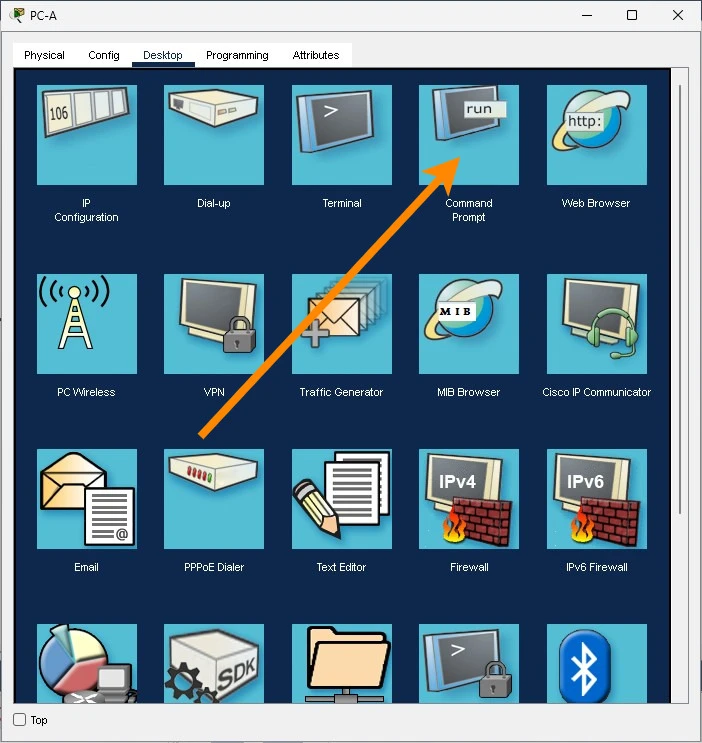 Pulpit komputera PC-A w programie Packet Tracer ze strzałką wskazującą Command Prompt