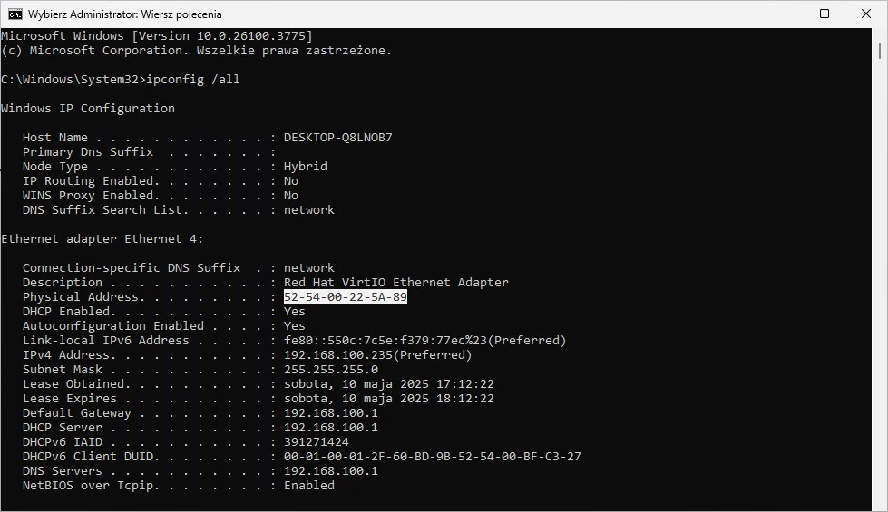 Wynik polecenia ipconfig /all. Zaznaczony adres MAC interfejsu sieciowego "Ethernet 4"