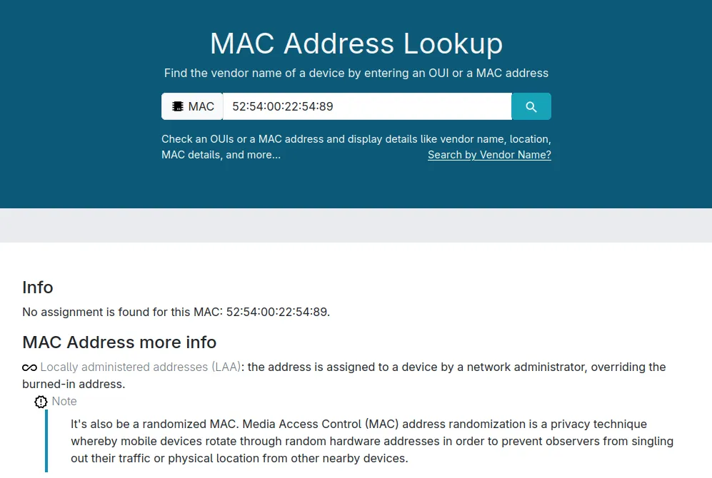 Wynik wyszukania na maclookup.app - adres LAA