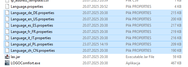 Zrzut ekranu przedstawiający listę plików językowych w katalogu głównym aplikacji LSC.