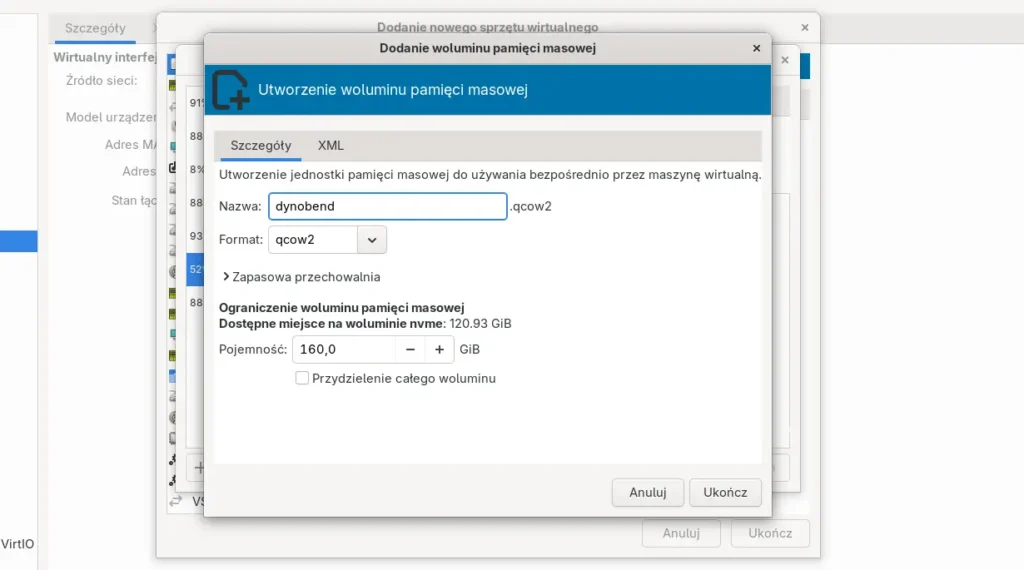 Zrzut ekranu: Dodawanie dysku do maszyny wirtualnej o rozmiarze 160 GB