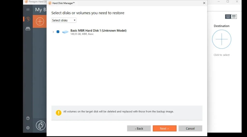 Zrzut ekranu: Wybór obrazu dysku z otrzymanej kopii .PBF