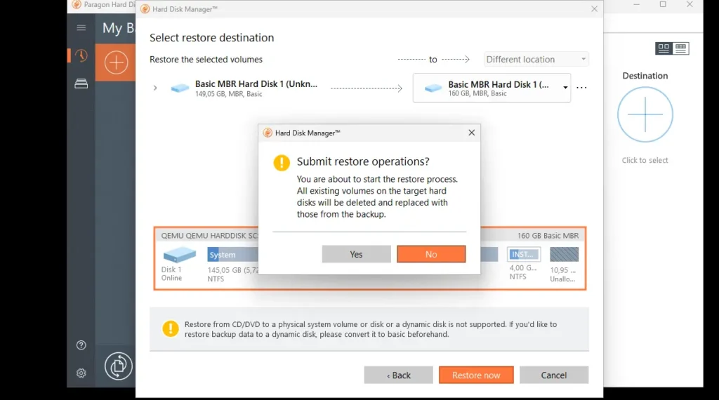 Zrzut ekranu: Wybór dysku docelowego i potwierdzenie rozpoczęcia operacji odtwarzania