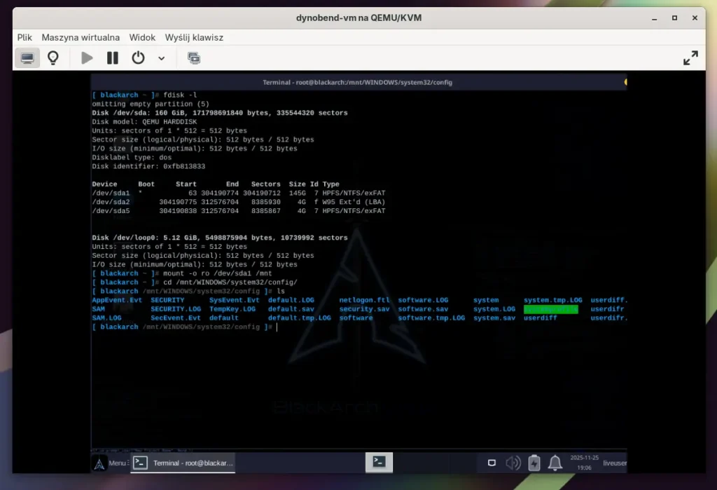 Zrzut ekranu: Zamontowanie partycji systemowej w BlackArchu