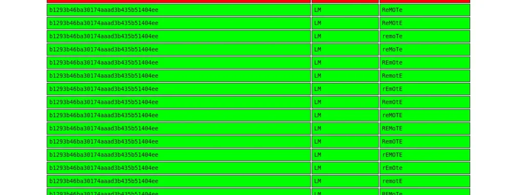 Zrzut ekranu: Widoczna lista dopasowanych hashy LM dla Remote