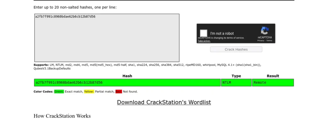 Zrzut ekranu: Rezultat crackowania hasha NTLM dla "Remote". Widoczne dokładnie odwzorowanie