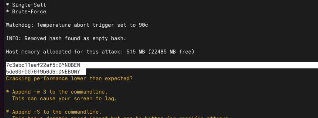 Zrzut ekranu: Rezultat crackowania hashcatem. Widoczne odwzorowanie DYNOBEN i DNEBONY